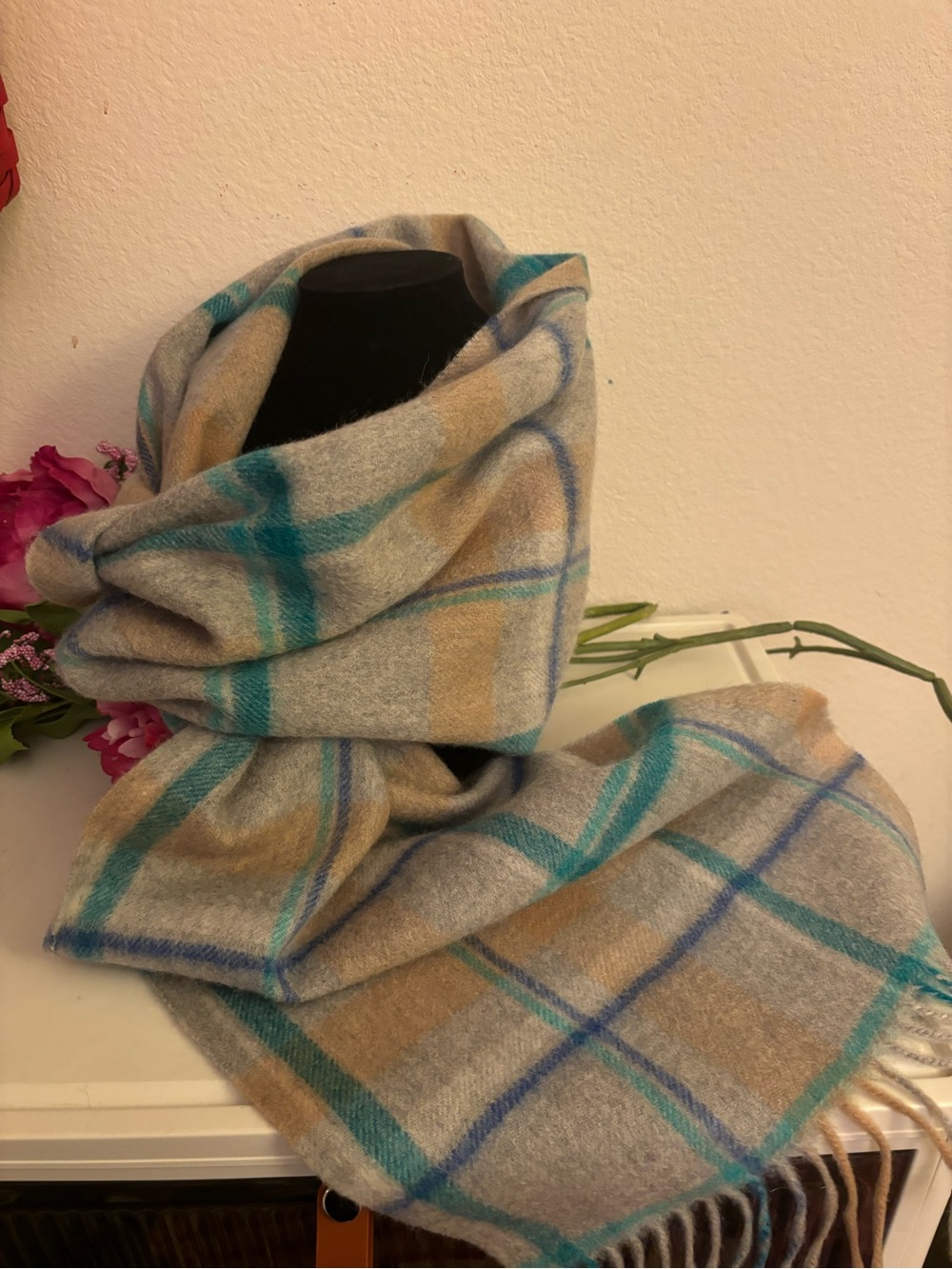 Louisa Perini Cashmere Scarf in Grey, Camel, Green & Blue, 58” + 6” Fringe